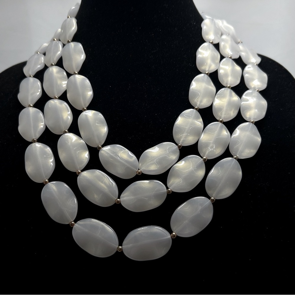 Vida, 3 Strand White Marbled Lucite Necklace, Chunky